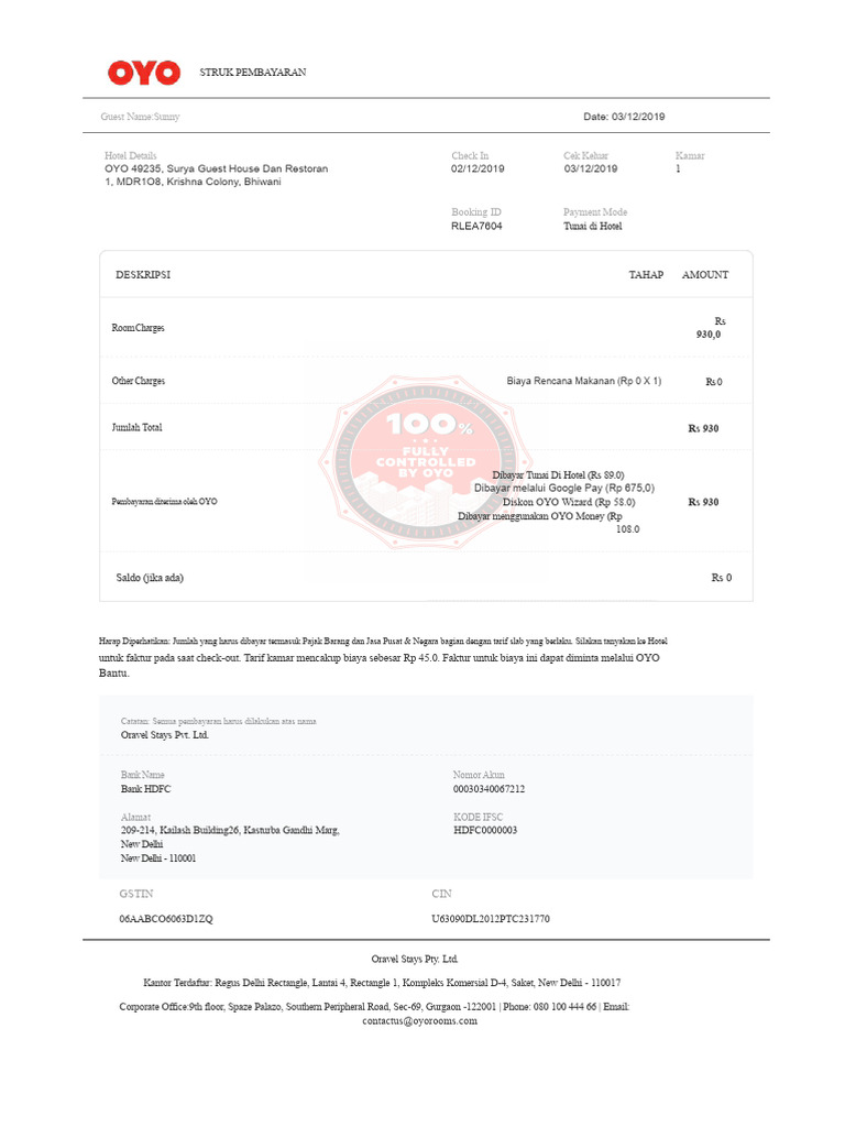 Rincian Pembayaran OYO Sunny 2019 | PDF