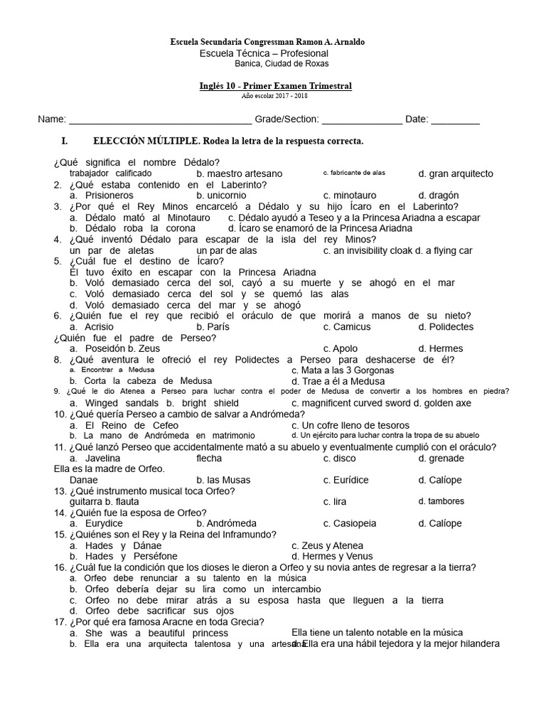 Examen Trimestral de Inglés 10 | PDF | Orfeo