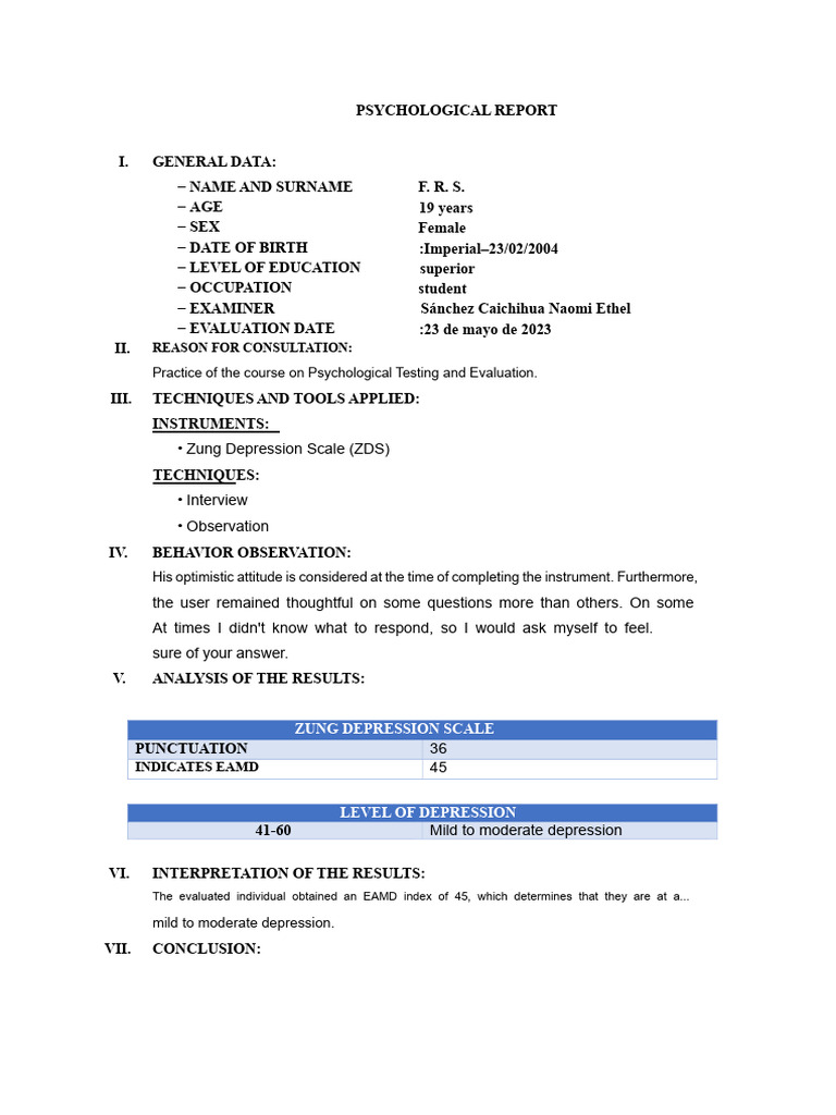 Psychological Report - Zung Depression Scale EAMD | PDF | Psychology ...