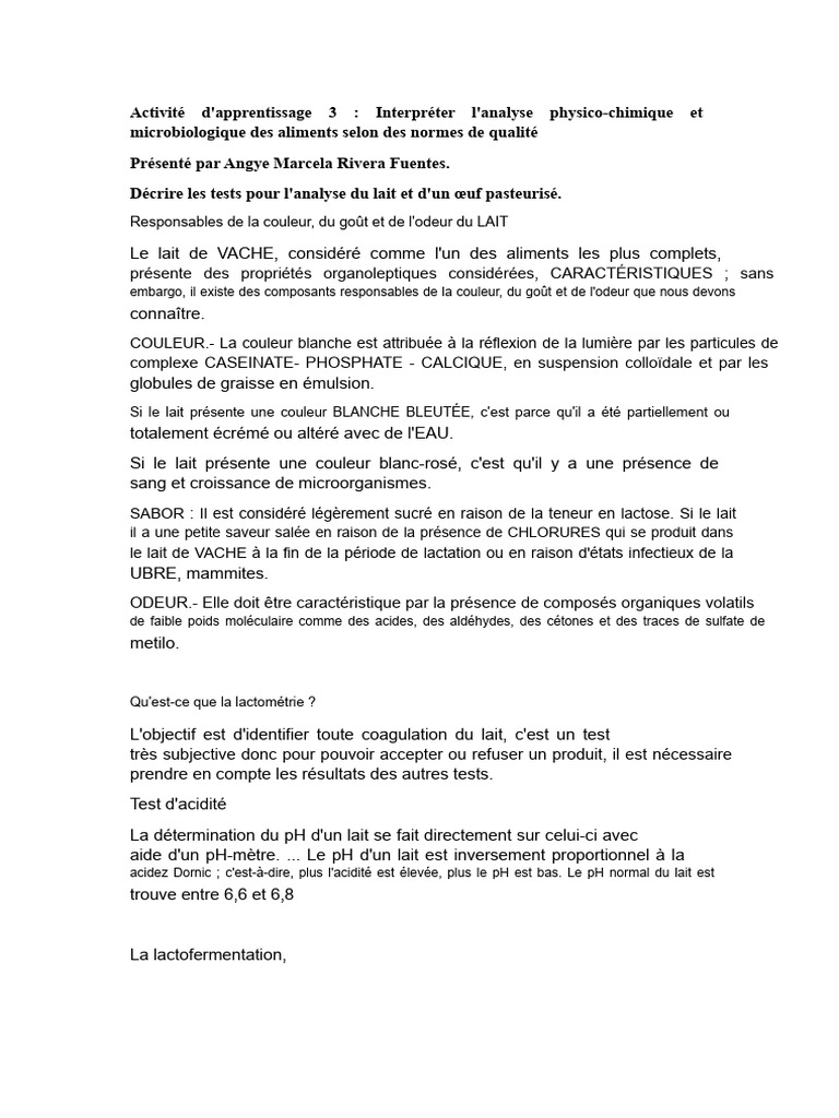 Analyse physicochimique du lait et œuf PDF Lait Fromage — free download