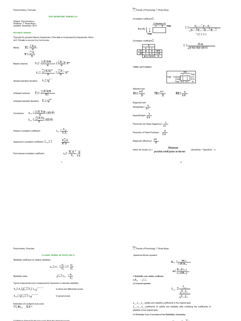 Psychometric Formulas and Statistics | PDF | Psychometrics ...