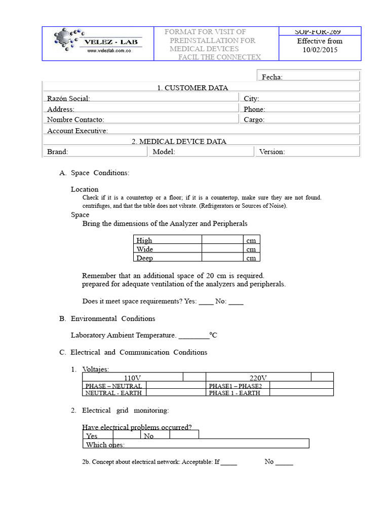 Format For Pre-Installation Visit of Medical Devices | PDF | Mains ...