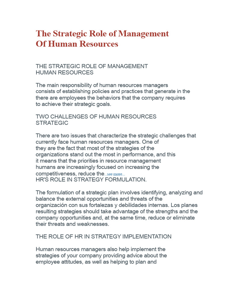 The Strategic Role of Human Resources Management | PDF | Human Resource ...
