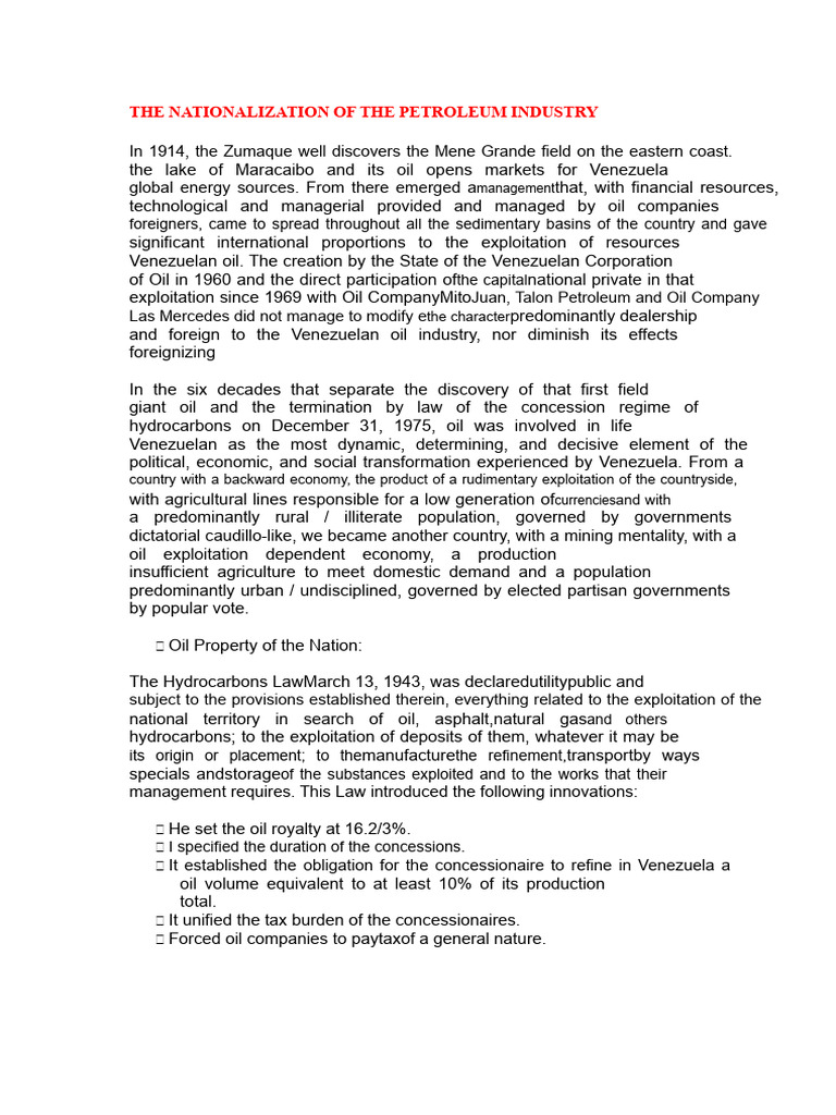 Nationalization of Venezuela's Oil Industry | PDF | Venezuela | Petroleum