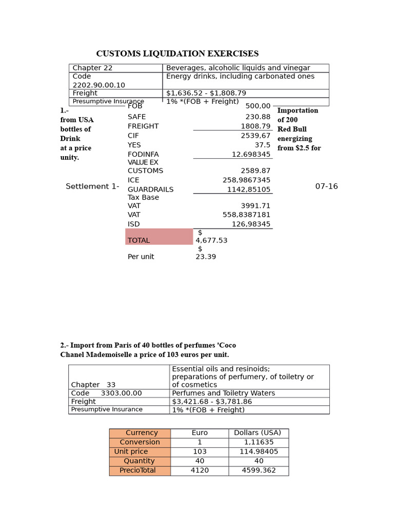 Customs Settlement Exercises | PDF | Paper | United States Dollar