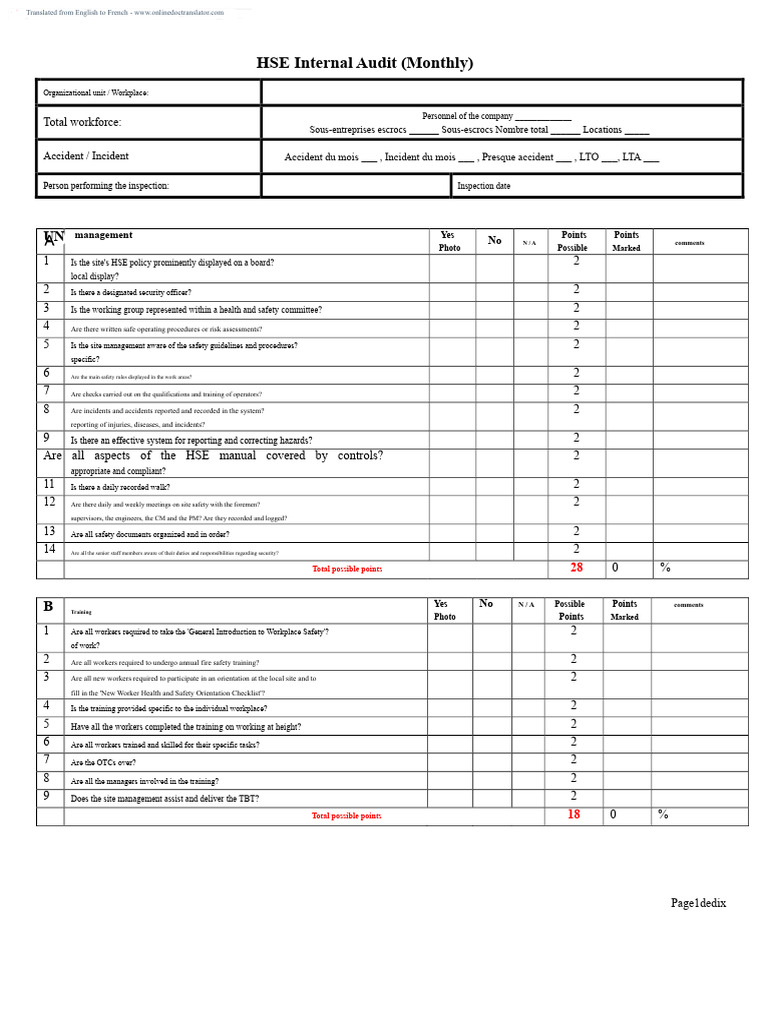 Monthly HSE Internal Audit Checklist | PDF | Occupational Safety And ...