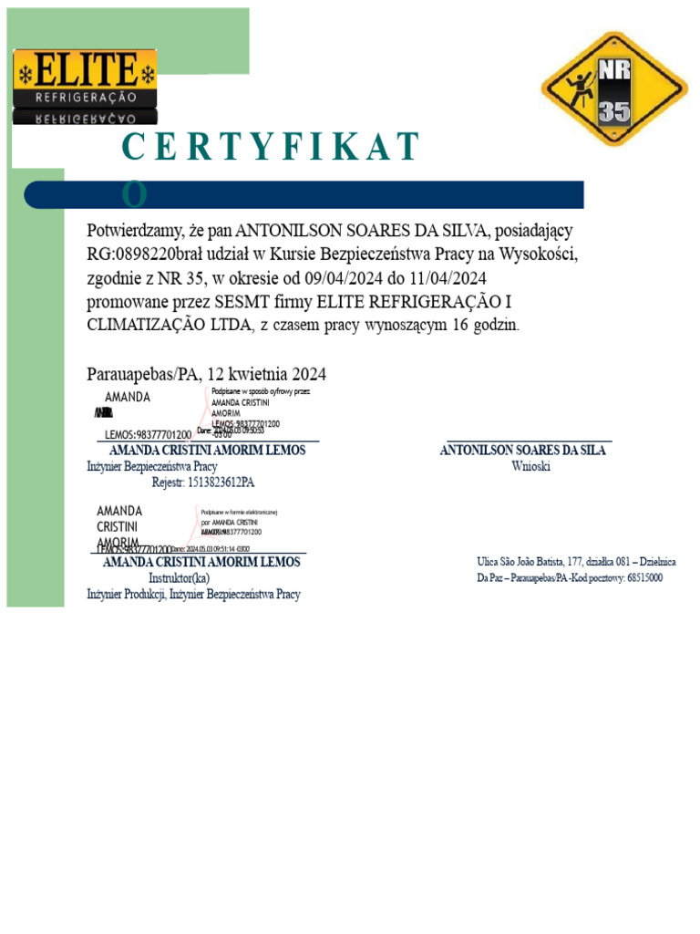 Certyfikat Szkoleniowy NR 35 - ANTONILSON SOARES DA SILVA | PDF