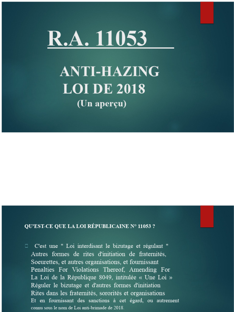 Loi anti-bizutage R.A. 11053 : Aperçu | PDF