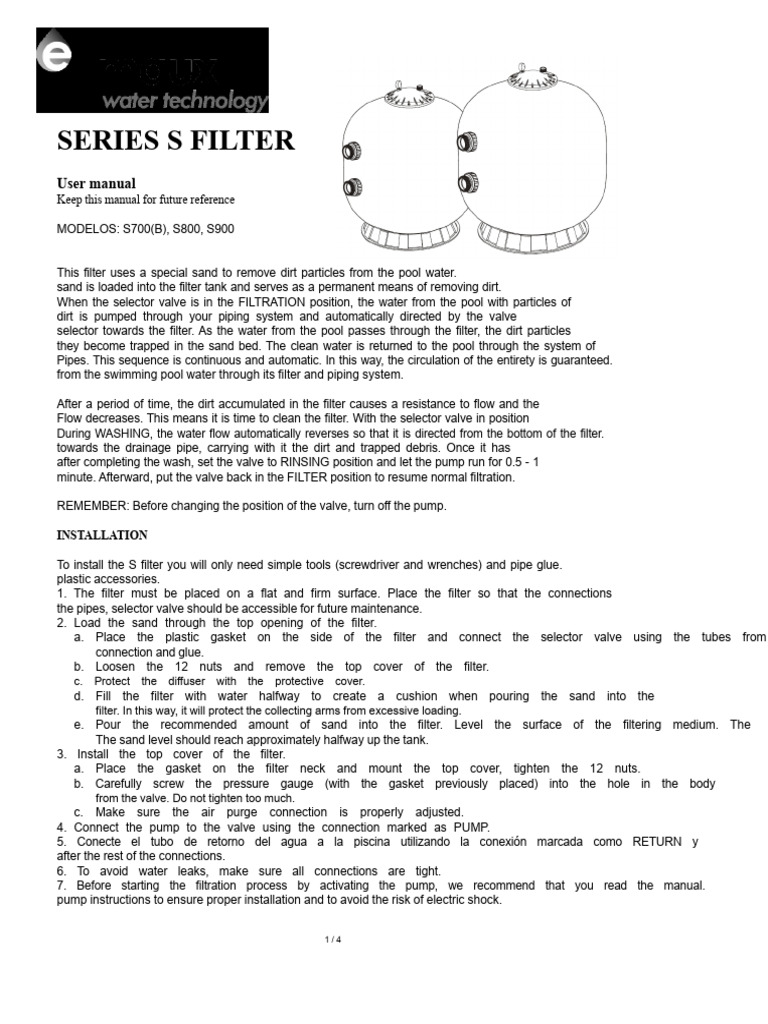 S Series Pool Filter User Manual | PDF | Filtration | Pump