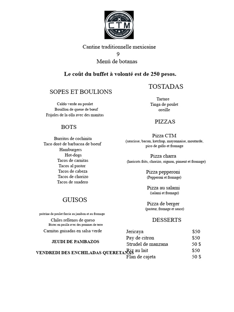 Menu de la Cantine Mexicaine Traditionnelle | PDF | Taco | Nourritures