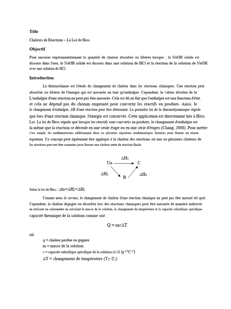 Chaleurs de Réactions et Loi de Hess | PDF | Hydroxyde de sodium ...