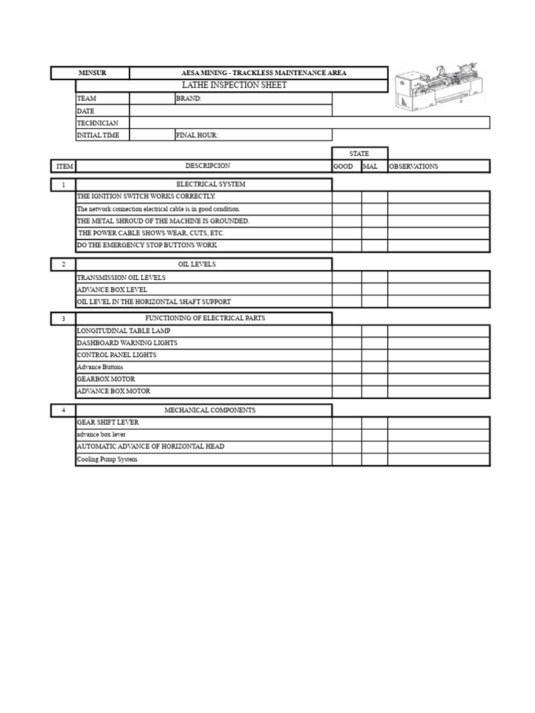 Lathe Inspection Checklist for AESA Mining | PDF