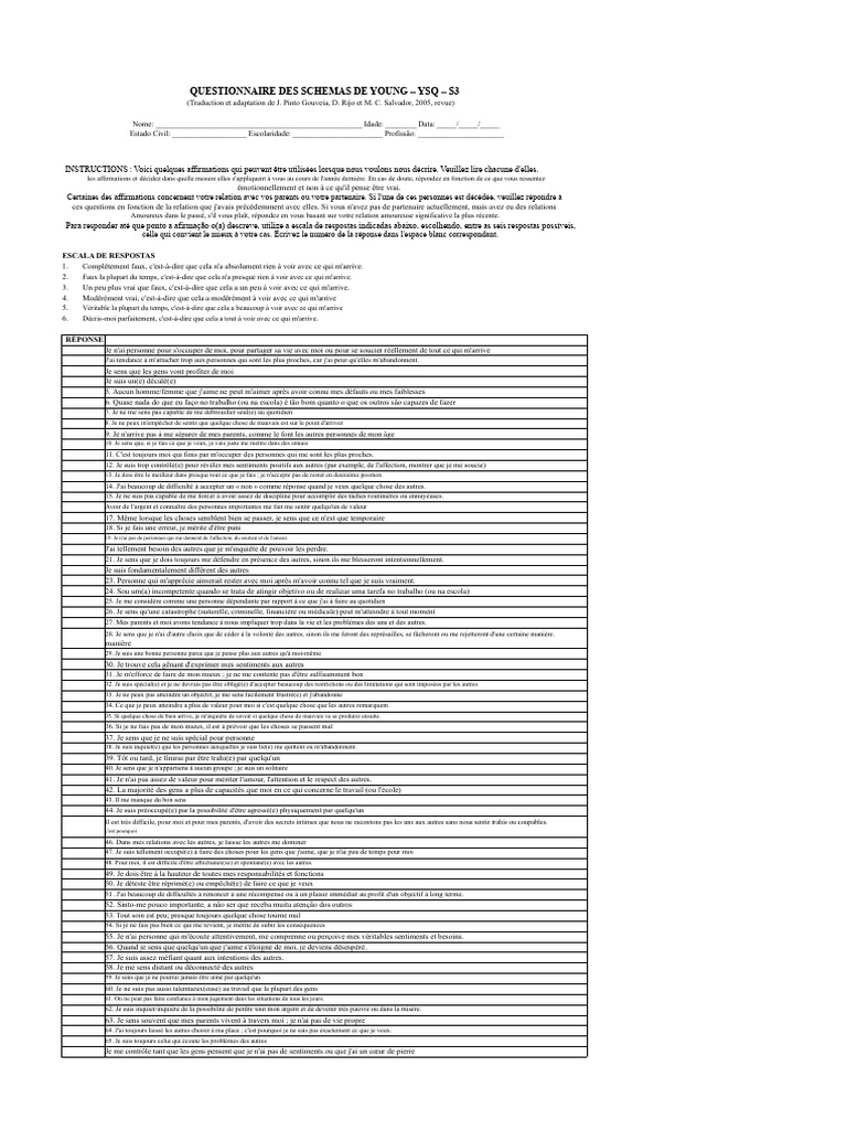 Questionnaire des Schémas de Young – YSQ | PDF | Colère | Émotions