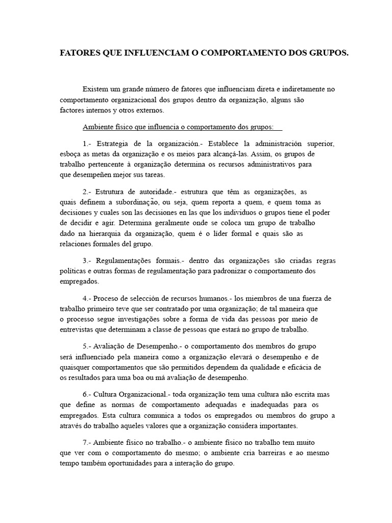 Fatores que Influenciam Comportamento em Grupos | PDF | Liderança ...