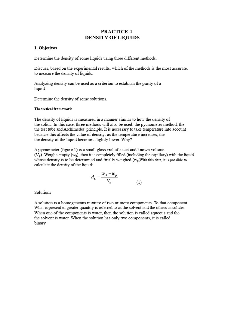 Measuring Liquid Density Methods | PDF | Density | Liquids