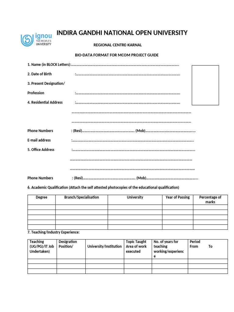 MCom Project Guide Bio-Data Format | PDF