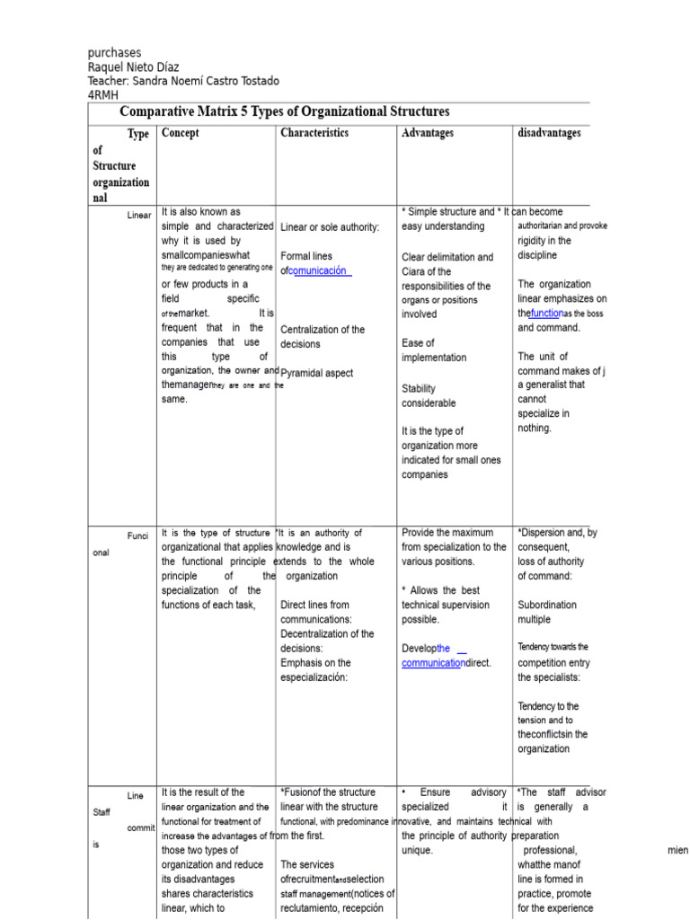 Comparative Matrix 5 Types of Organizational Structures | PDF ...