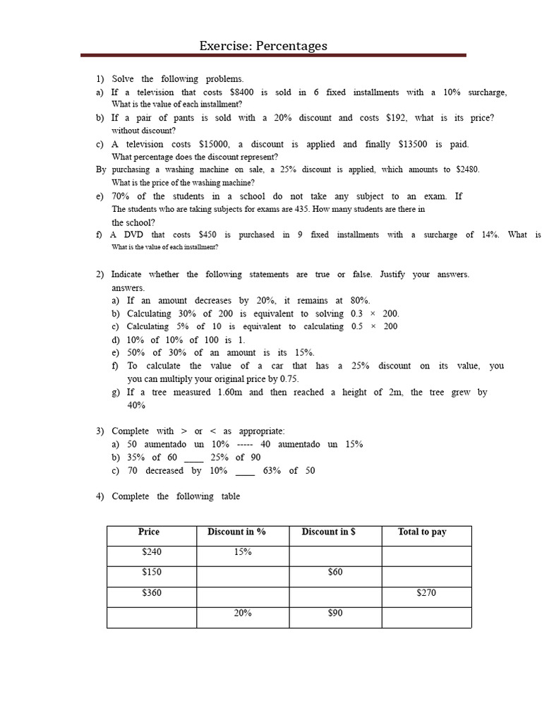 Percentage Calculations and Exercises | PDF