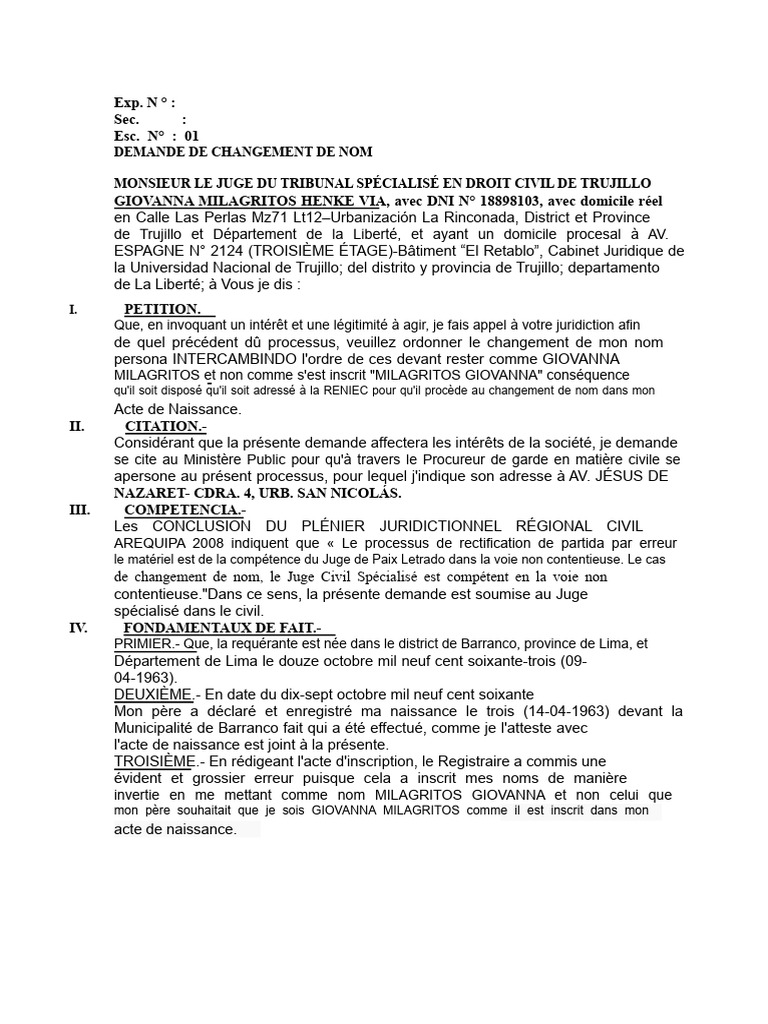 Demande de changement de nom judiciaire | PDF | Certificat de naissance ...