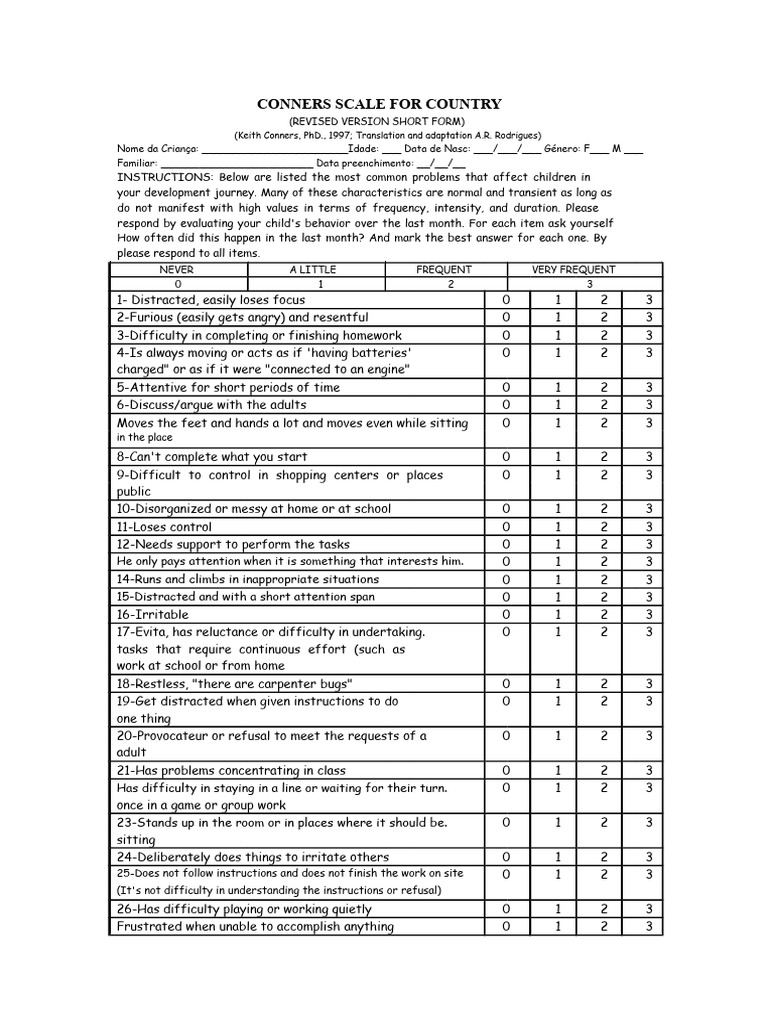 Conners Scale Short Form for Children | PDF | Cognition | Human Development