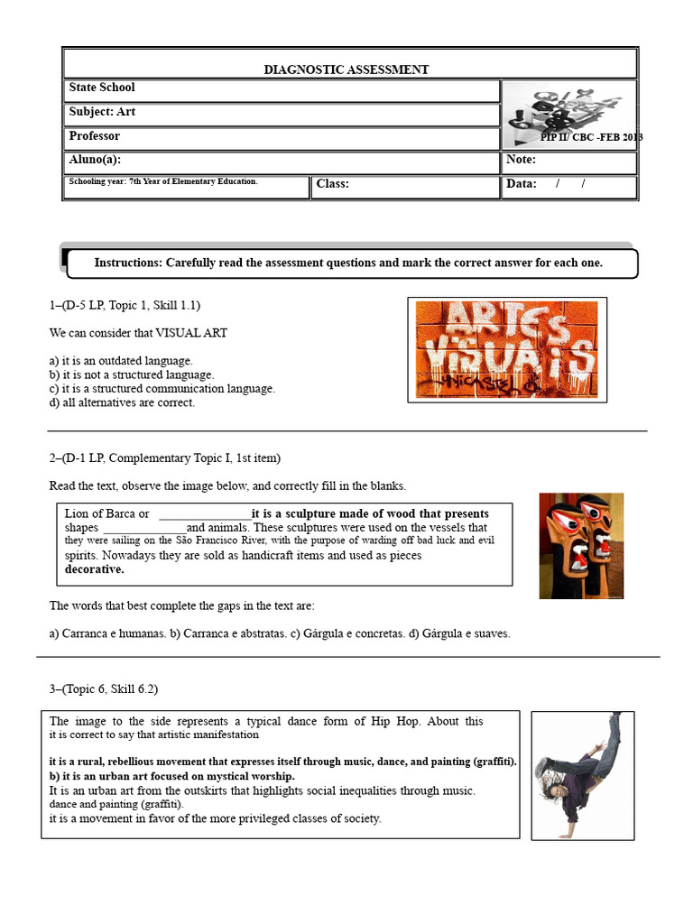 7th Grade Art Diagnostic Assessment | PDF | Musical Instruments | Dances