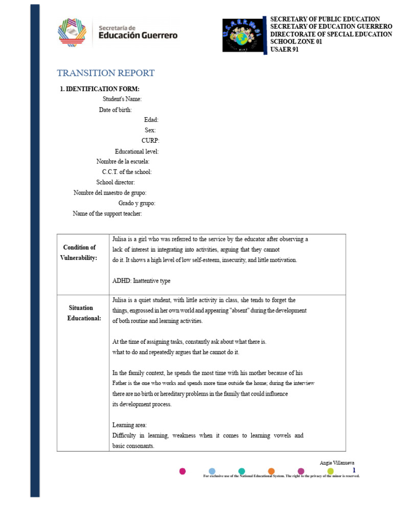 Transition Report for Student with ADHD | PDF | Learning | Special ...