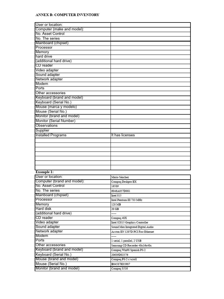 Format For Computer Equipment Inventory | PDF | Intel | Computer Hardware