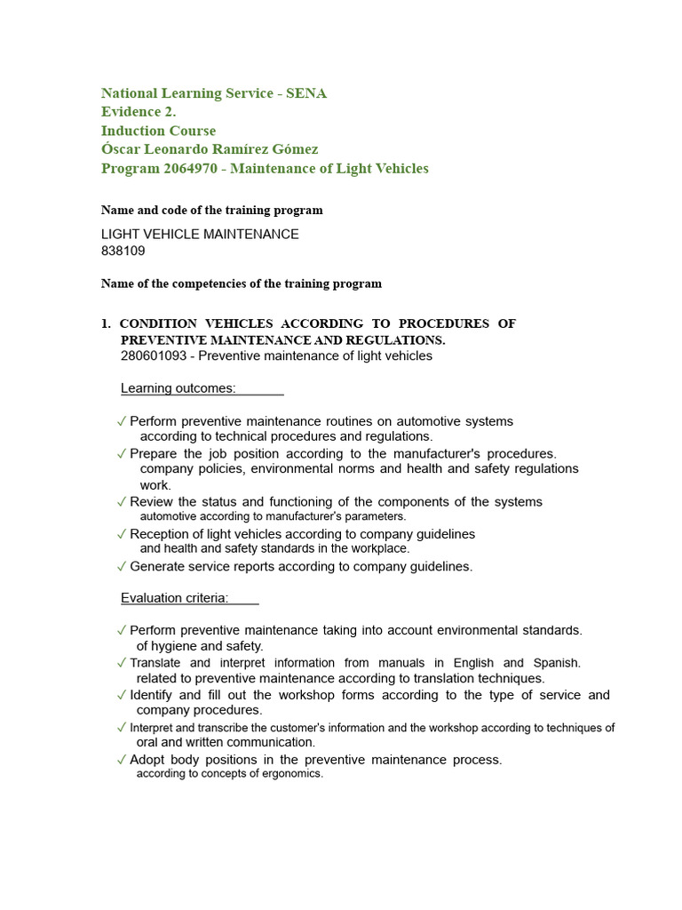 Light Vehicle Maintenance Training Program | PDF | Occupational Safety ...