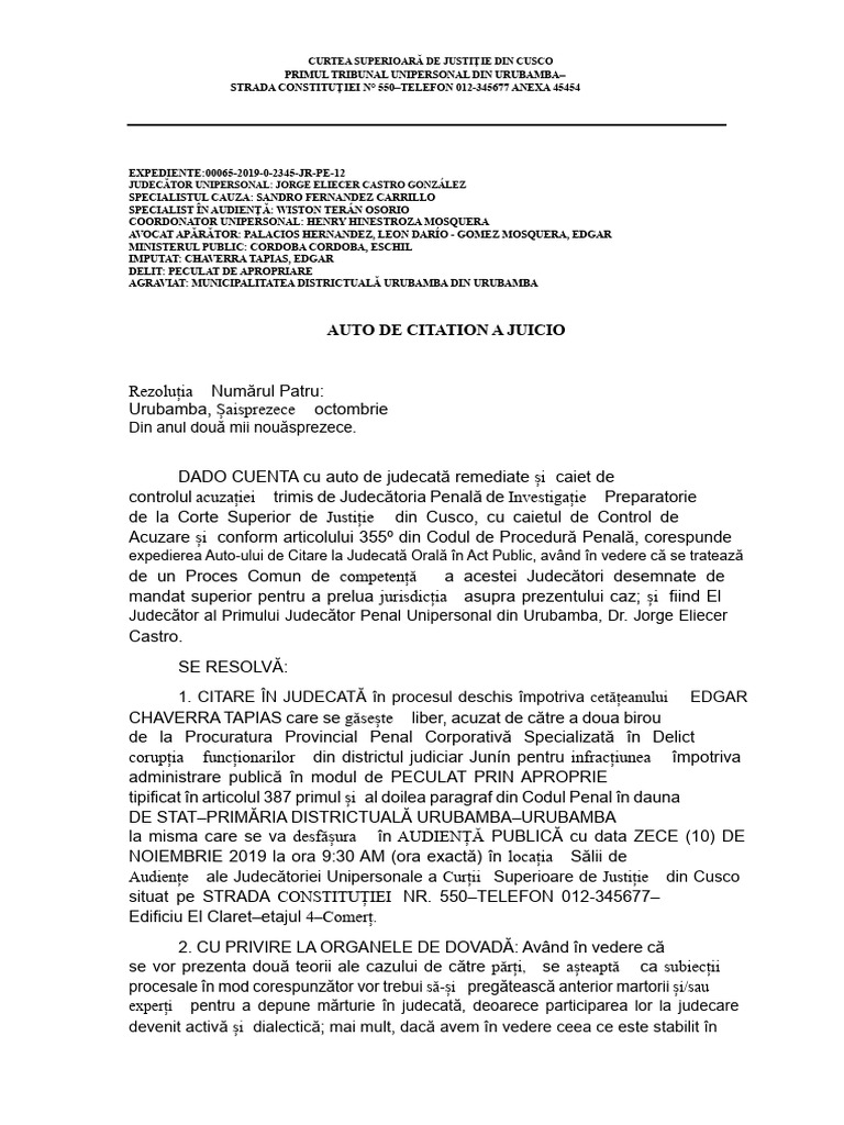 Model de Auto de Citare La Proces Oral Peru | PDF
