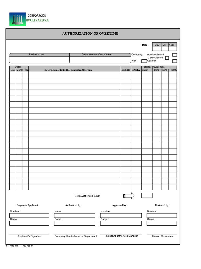 Overtime Authorization Form Template | PDF | Business Ethics | Employment