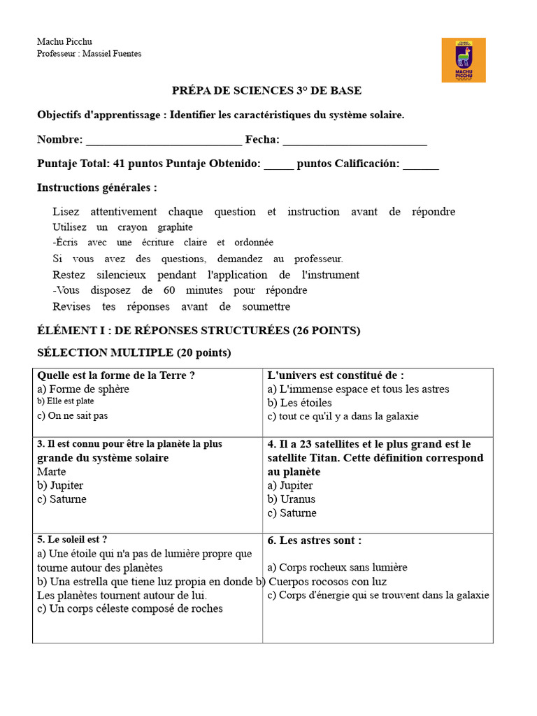 Quiz sur le Système Solaire pour 3° de Base PDF Planètes Système — free download