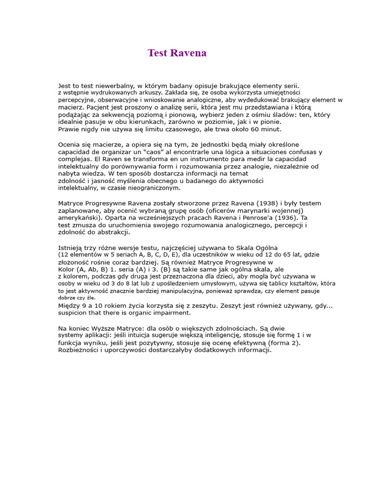 Test Ravenskie Matryce Progresywne (Zeszyt) | PDF