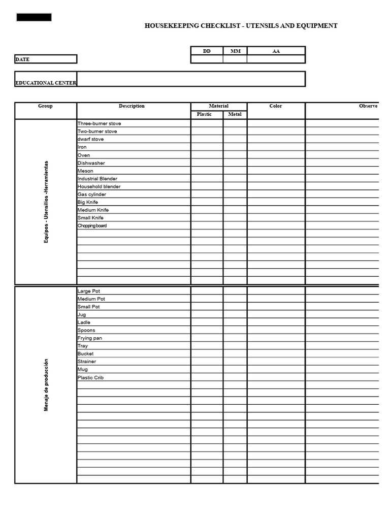 Housekeeping Checklist for Utensils | PDF