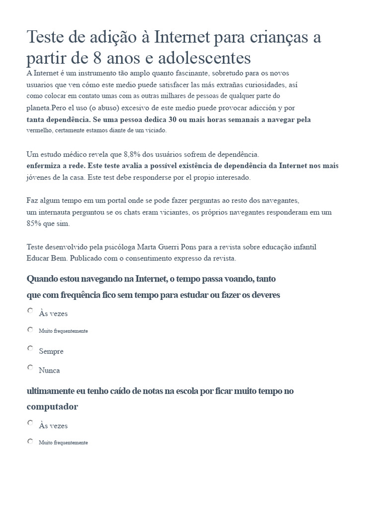 Teste de Dependência da Internet para Jovens | PDF | Internet ...