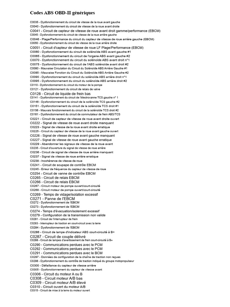 Codes d'erreur ABS OBD-II détaillés | PDF | Système anti-blocage des ...