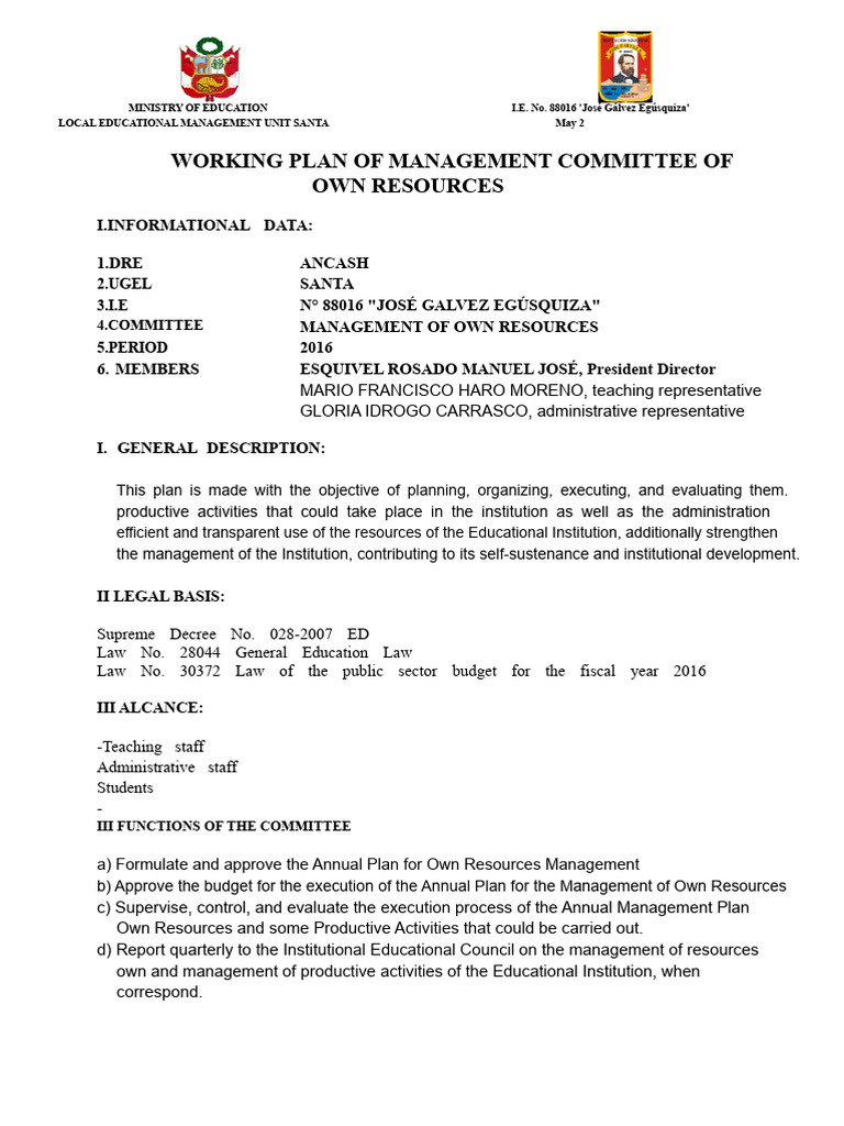 Work Plan of The Committee For Management of Own Resources | PDF ...