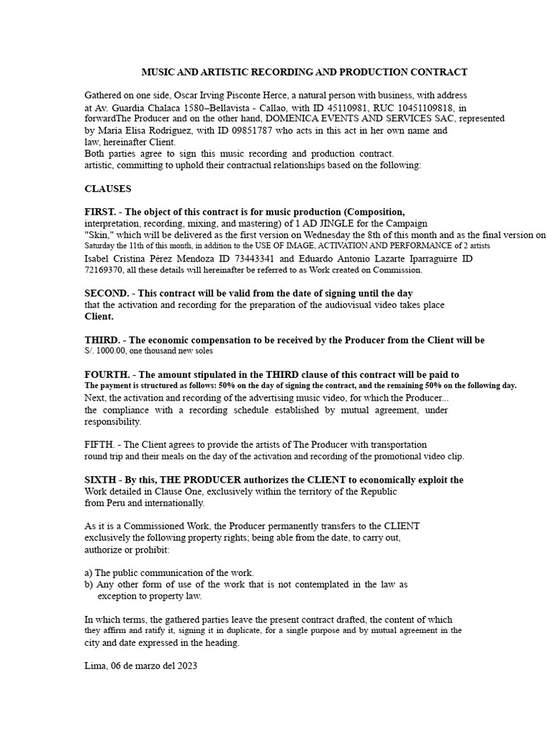 Music Production Contract for Jingle | PDF | Business Law | Justice