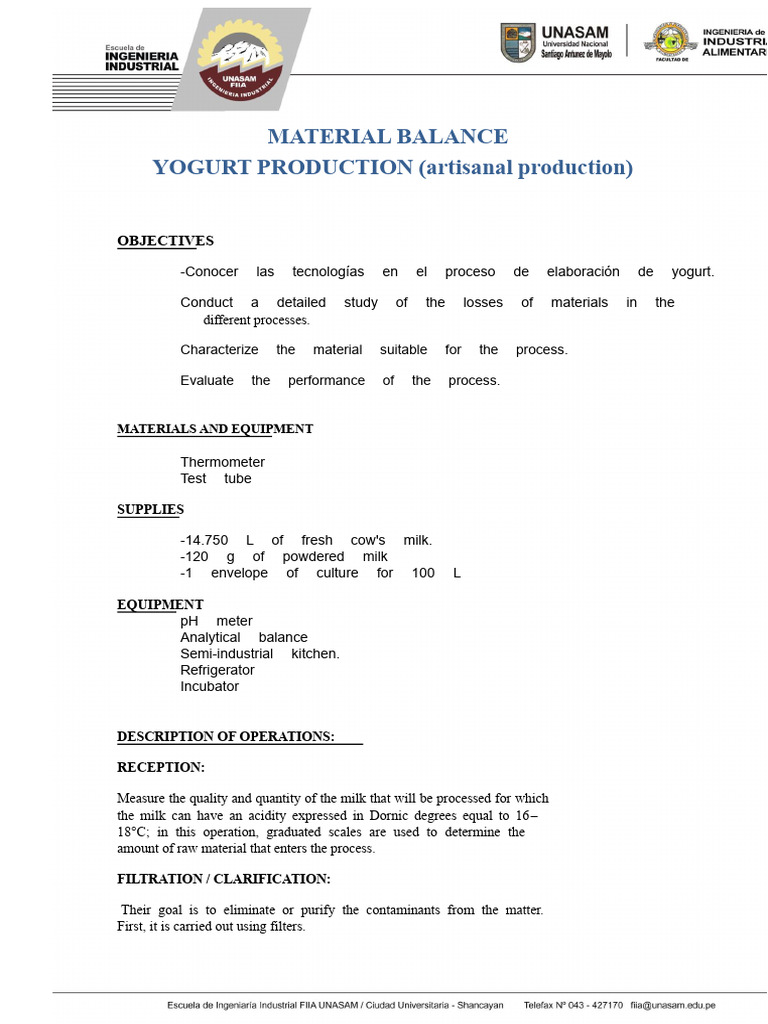 Yogurt Production Material Balance Guide | PDF | Milk | Fermentation