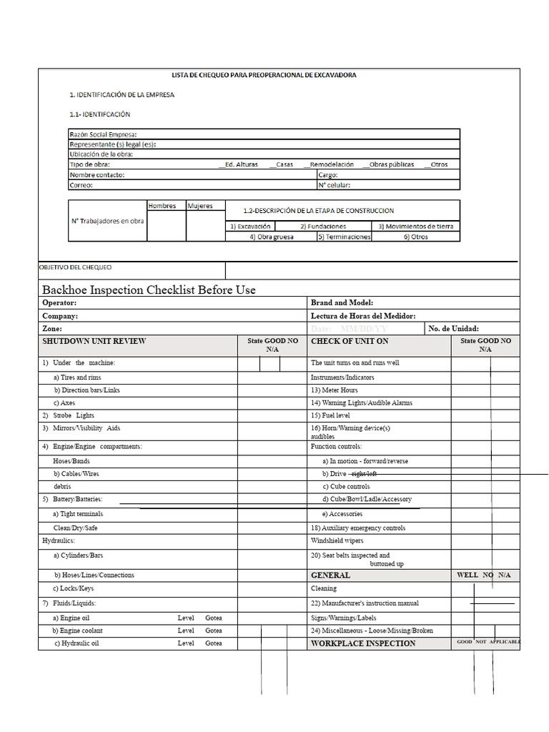 Backhoe Pre-Use Inspection Checklist | PDF | Loader (Equipment) | Vehicles