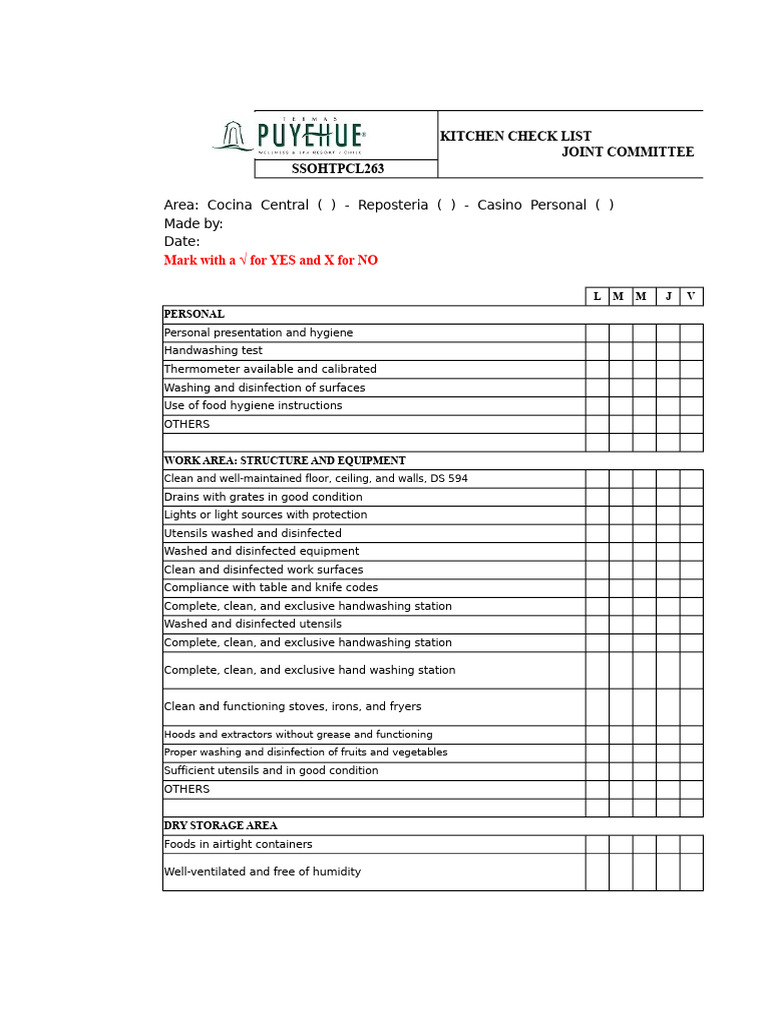 Kitchen Hygiene and Safety Checklist | PDF | Hand Washing | Kitchen