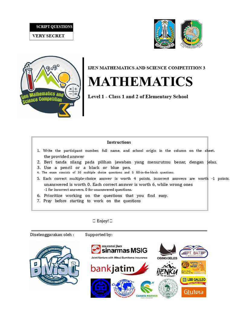 IMSC 3 Math Level 1.pdf | PDF | Multiple Choice | Mathematics