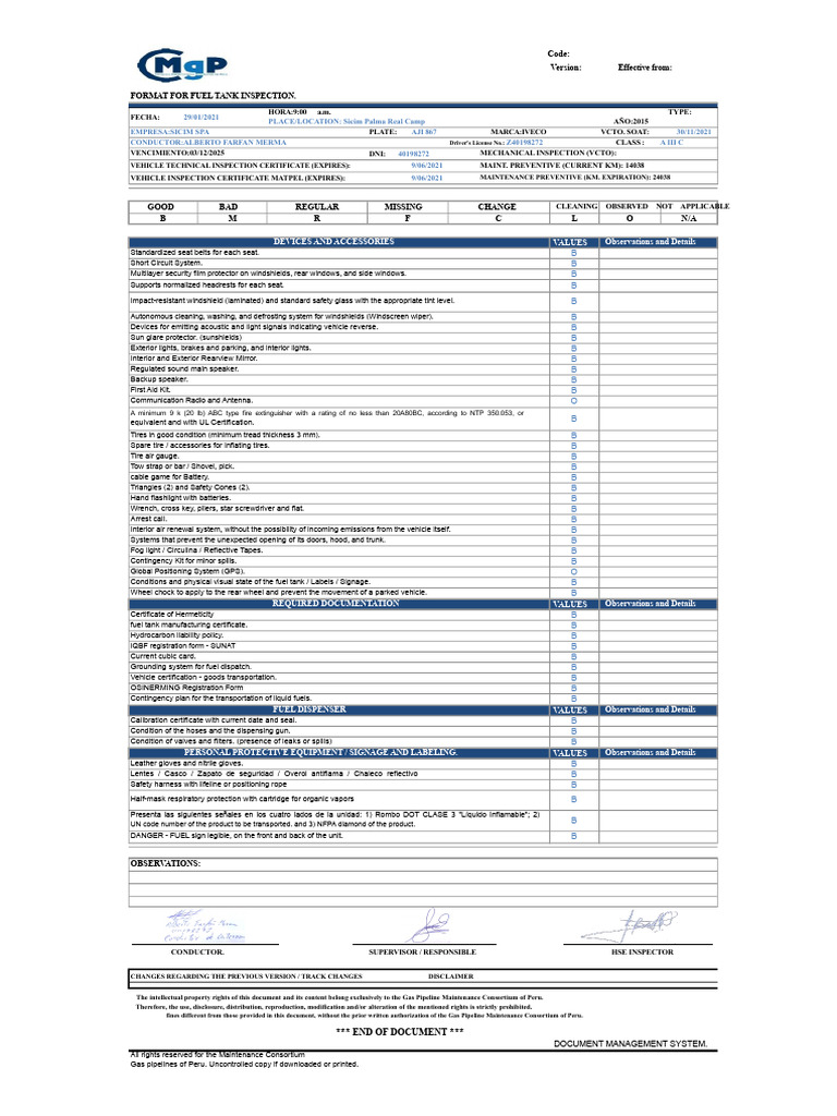 Fuel Tanker Inspection Format - AFM | PDF | Tire | Vehicles