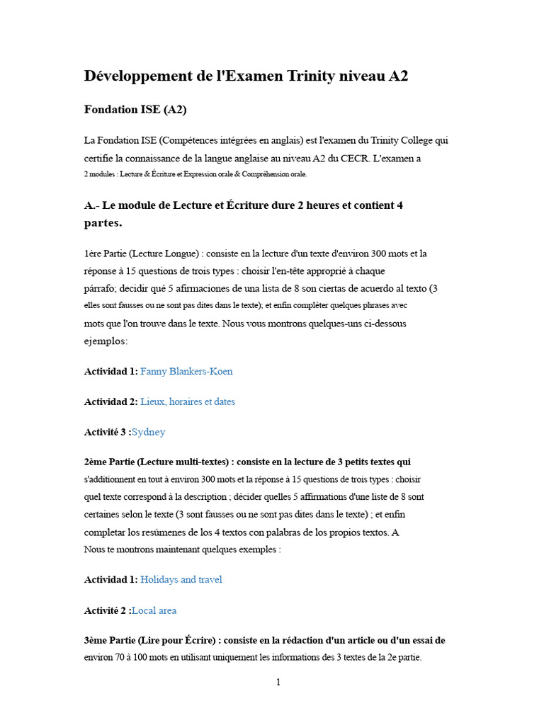 Examen Trinity A2 : Modules et Activités | PDF | Linguistique ...