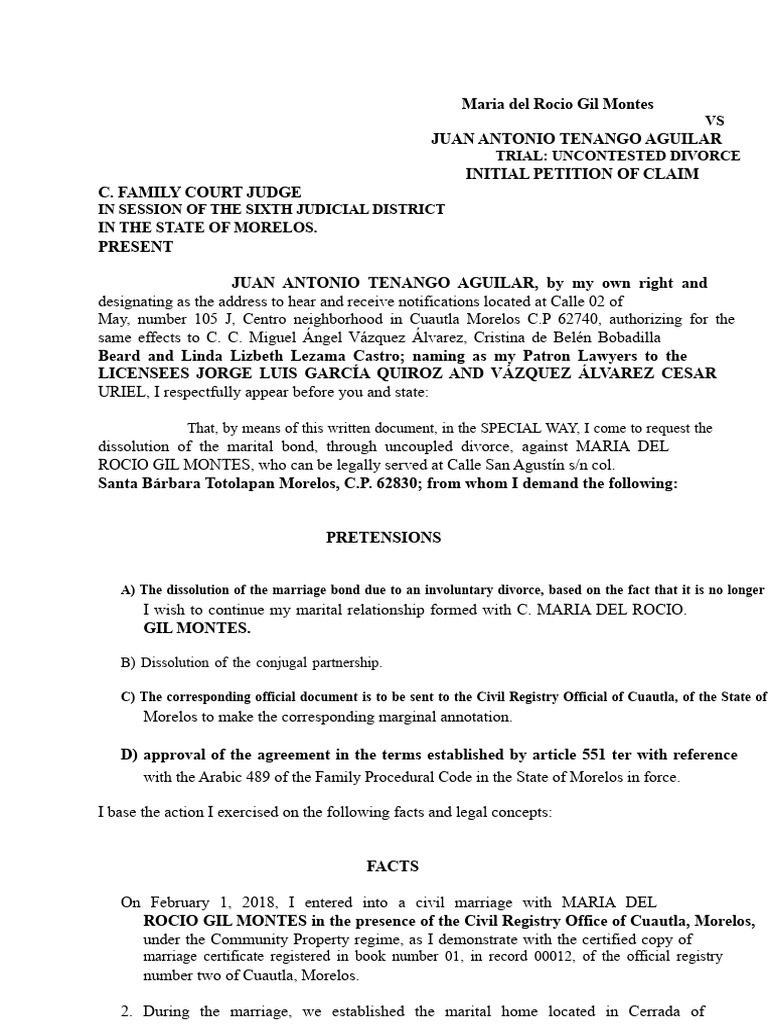Uncontested Divorce Petition in Morelos | PDF | Divorce | Marriage