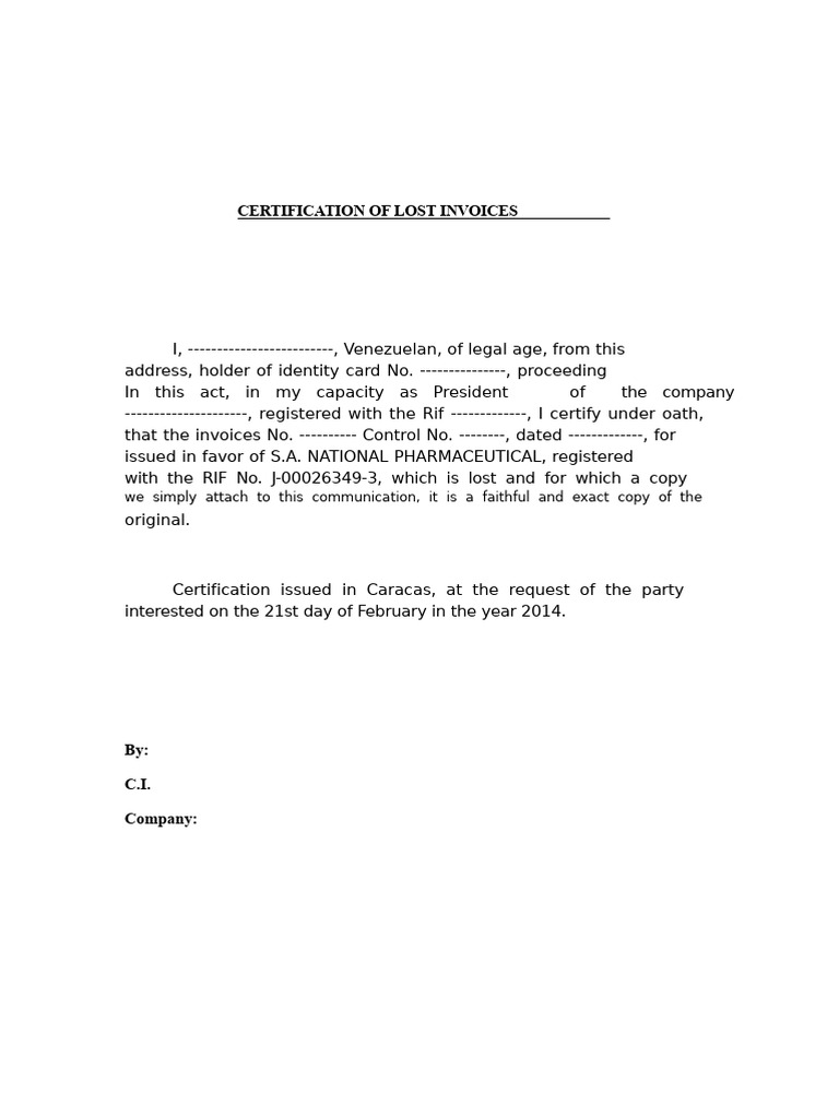 Certification of Lost Invoices Document | PDF