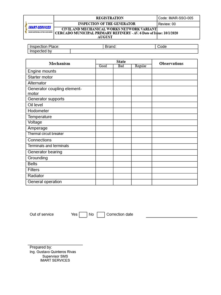 Generator Inspection Report - IMAR-SSO-005 | PDF