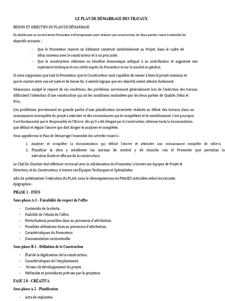 Plan de Démarrage des Travaux de Construction | PDF | Planification ...