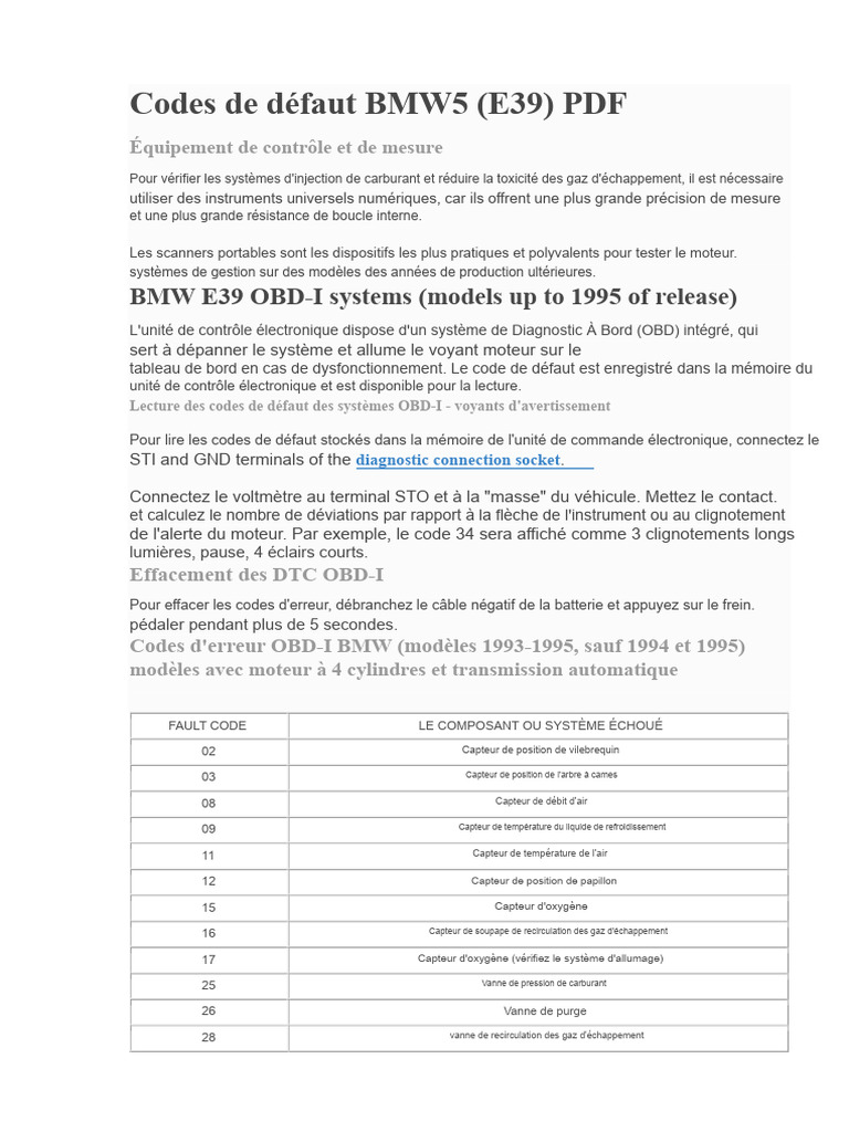 Codes de défaut BMW E39 OBD-I et OBD-II | PDF | Allumage | Organe d'un ...
