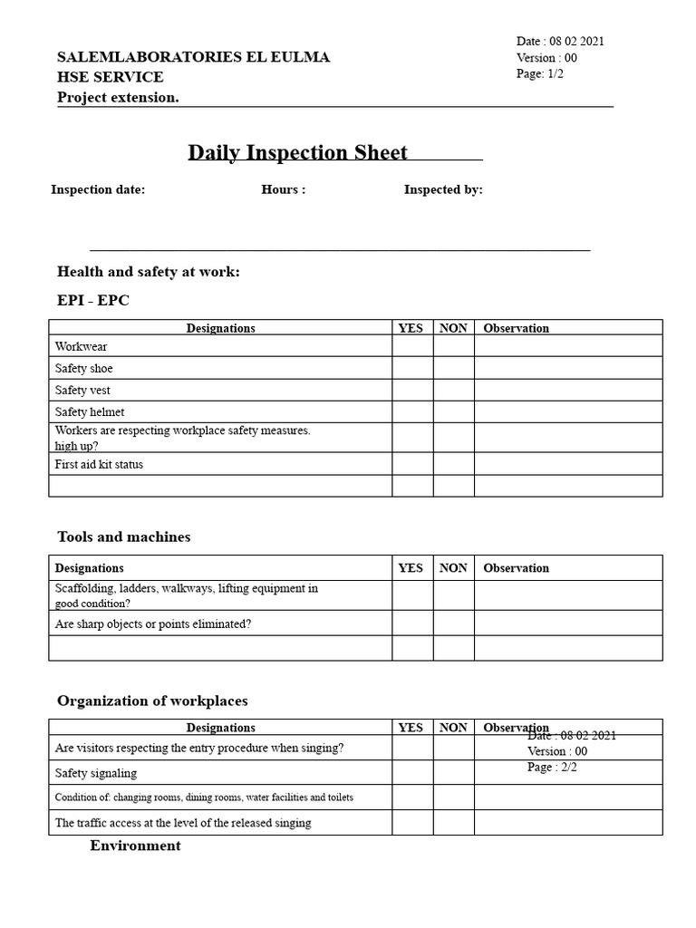 Daily HSE Inspection Sheet Template | PDF