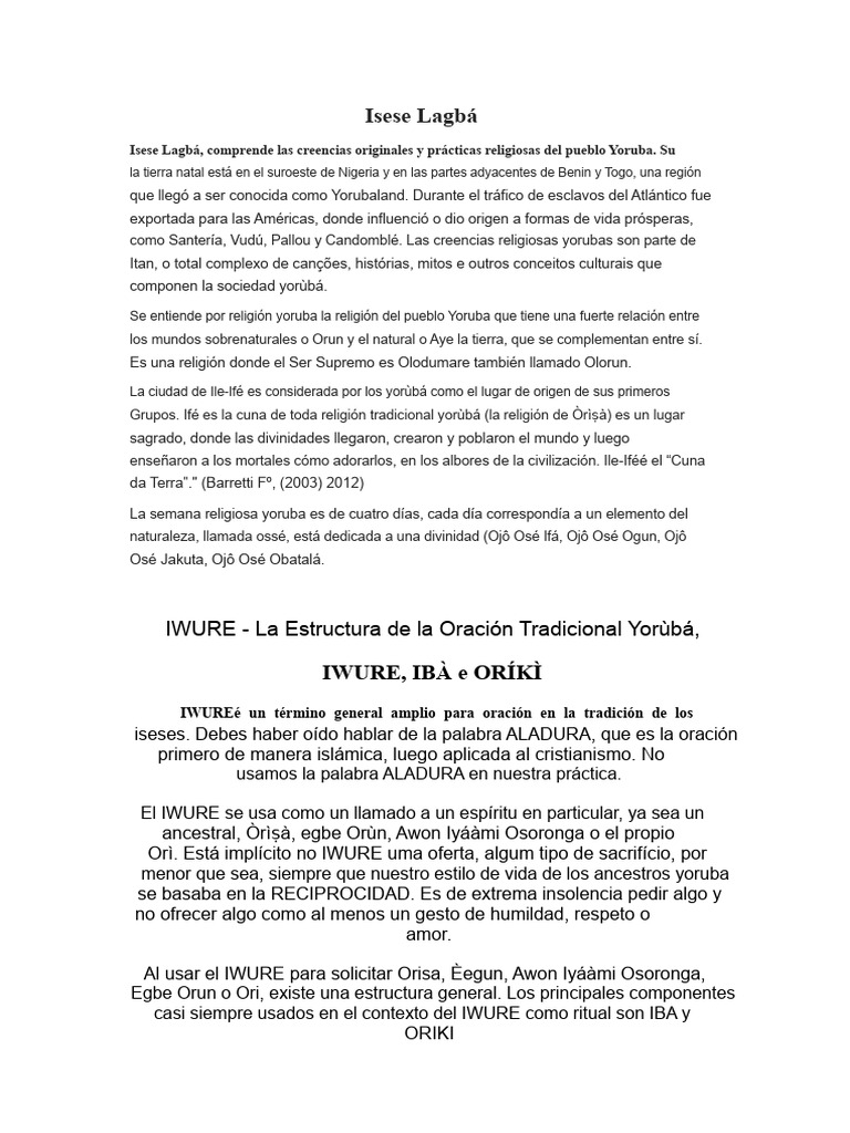 Creencias y prácticas de Isese Lagbá Yoruba | PDF | Espiritualidad
